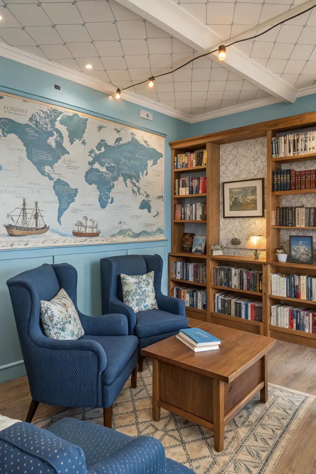 A cohesive theme bringing unity to the book room design.