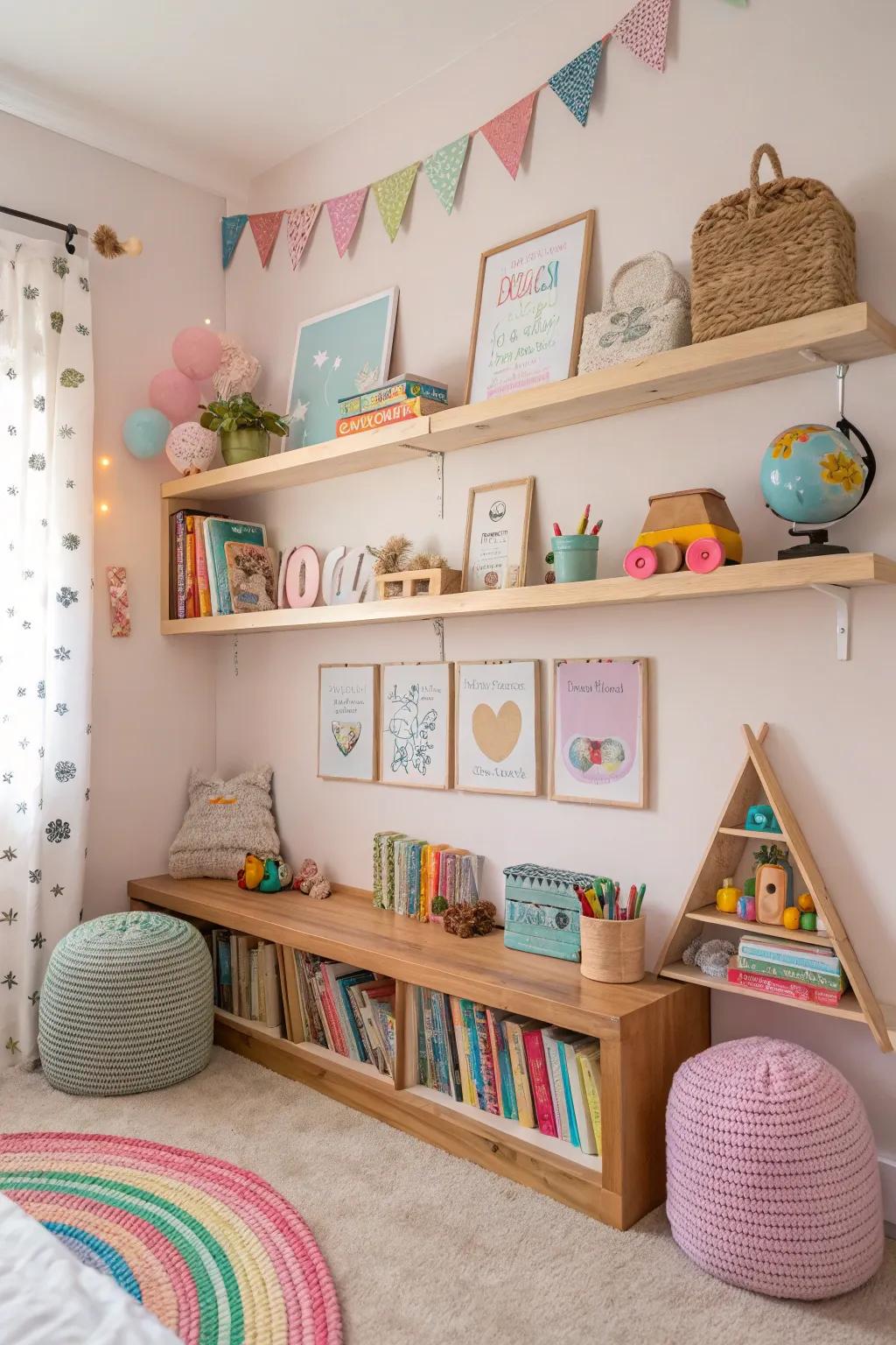 Custom shelves are tailored to children's needs.