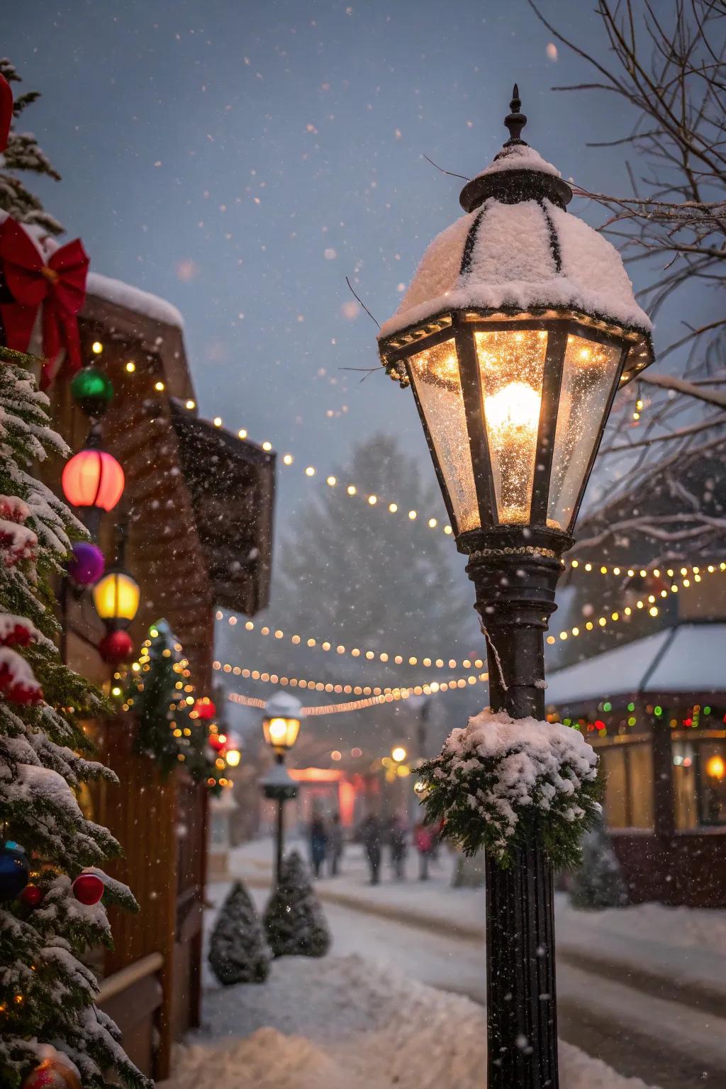 A snow-covered effect enhances the festive look of a lamp post.