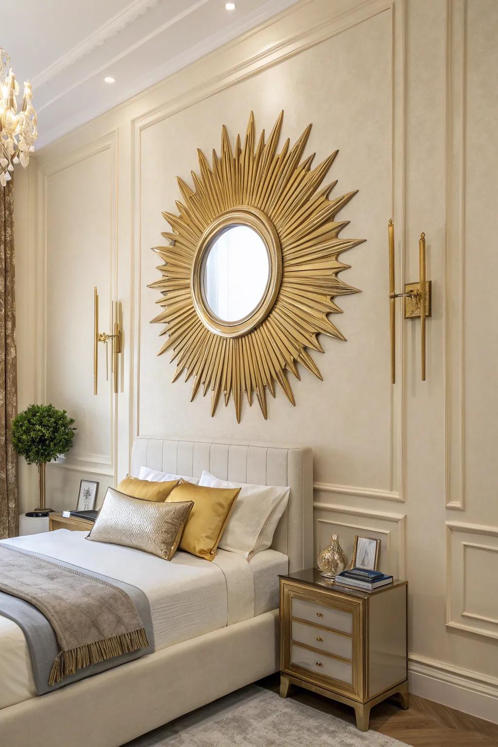 A gold sunburst mirror adds dramatic flair and elegance.