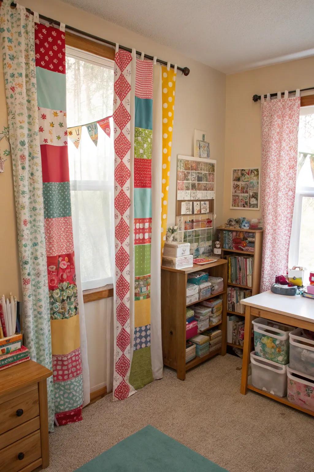 Patchwork curtains bring playfulness and creativity.