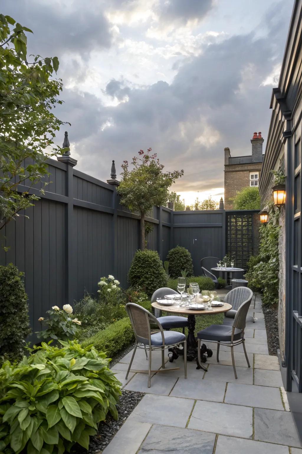 A chic courtyard with a dark grey fence, perfect for intimate gatherings.