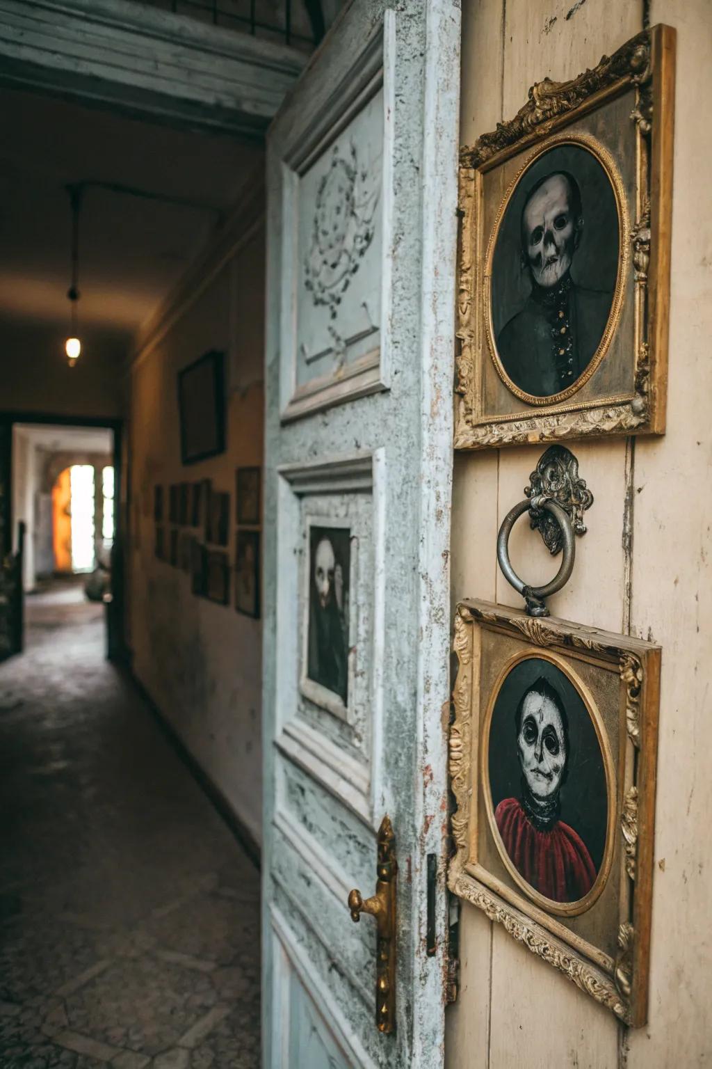 A haunted portrait gallery adds a chilling Halloween touch.