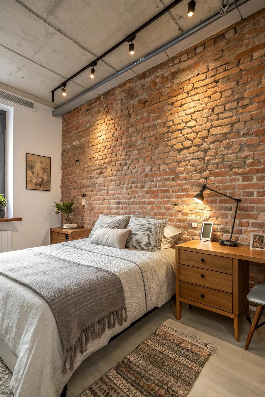 An exposed brick wall adds industrial-chic texture.