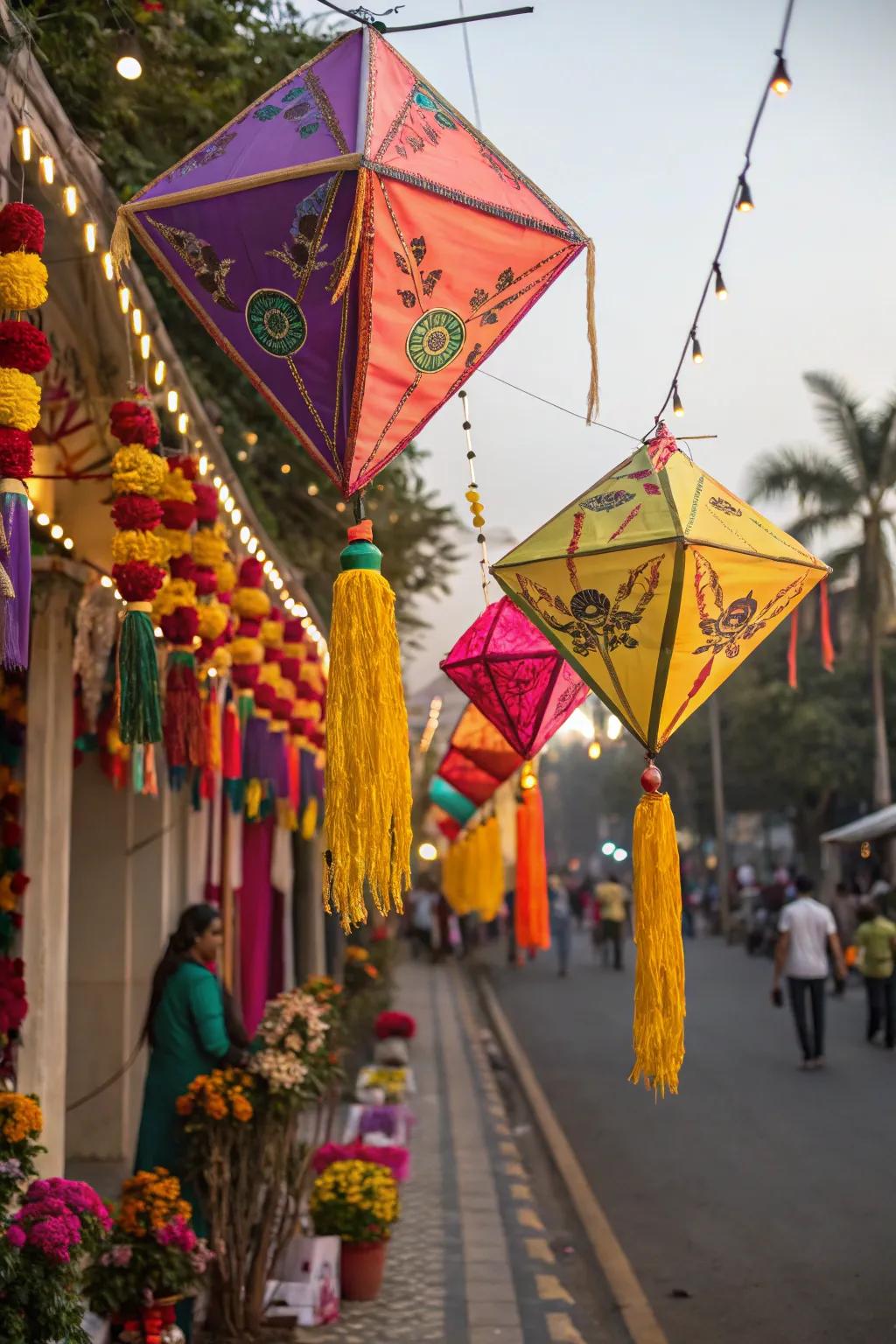 Playful and colorful kites adding a cheerful element to the Ganesh Chaturthi decor.