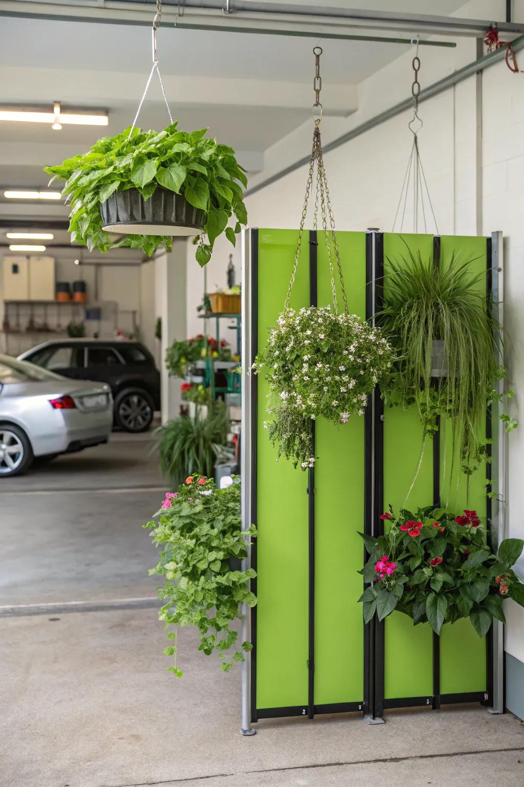 Hanging planters add greenery and separate spaces naturally.