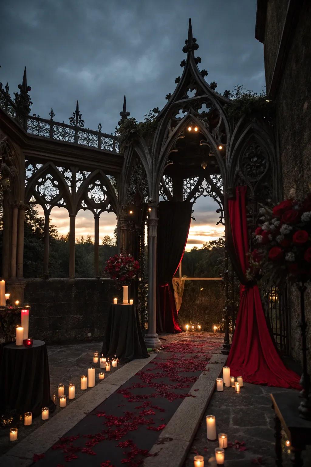 A gothic wedding ceremony at twilight with dim lighting.