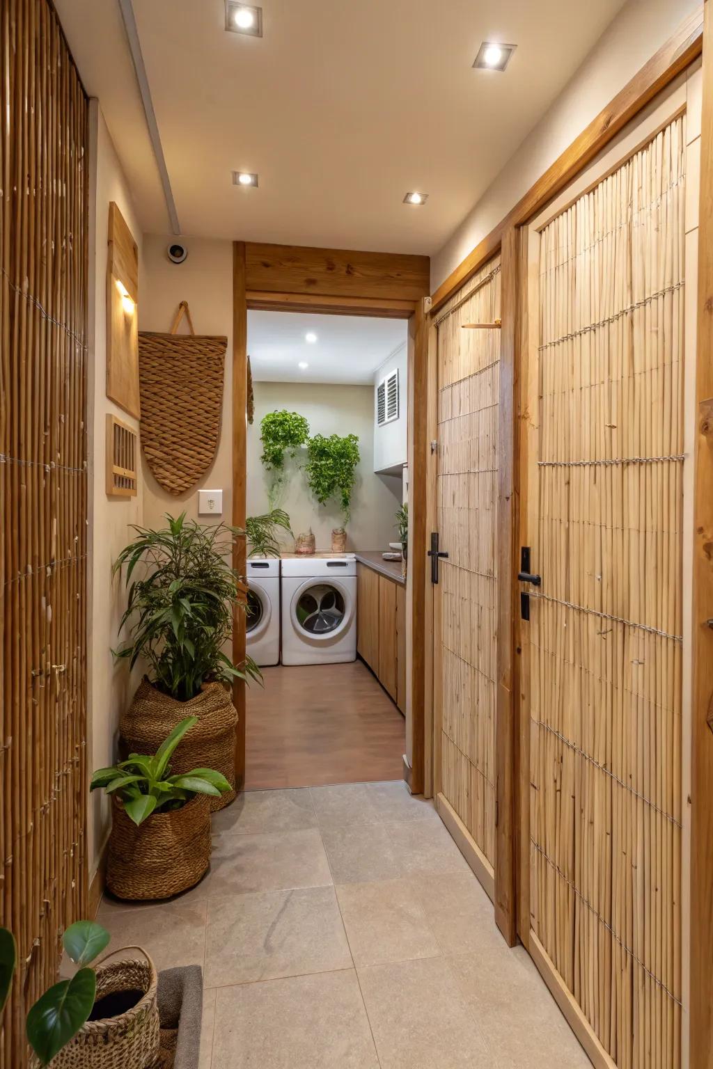 Eco-friendly bamboo doors add warmth and sustainability to a hallway laundry space.