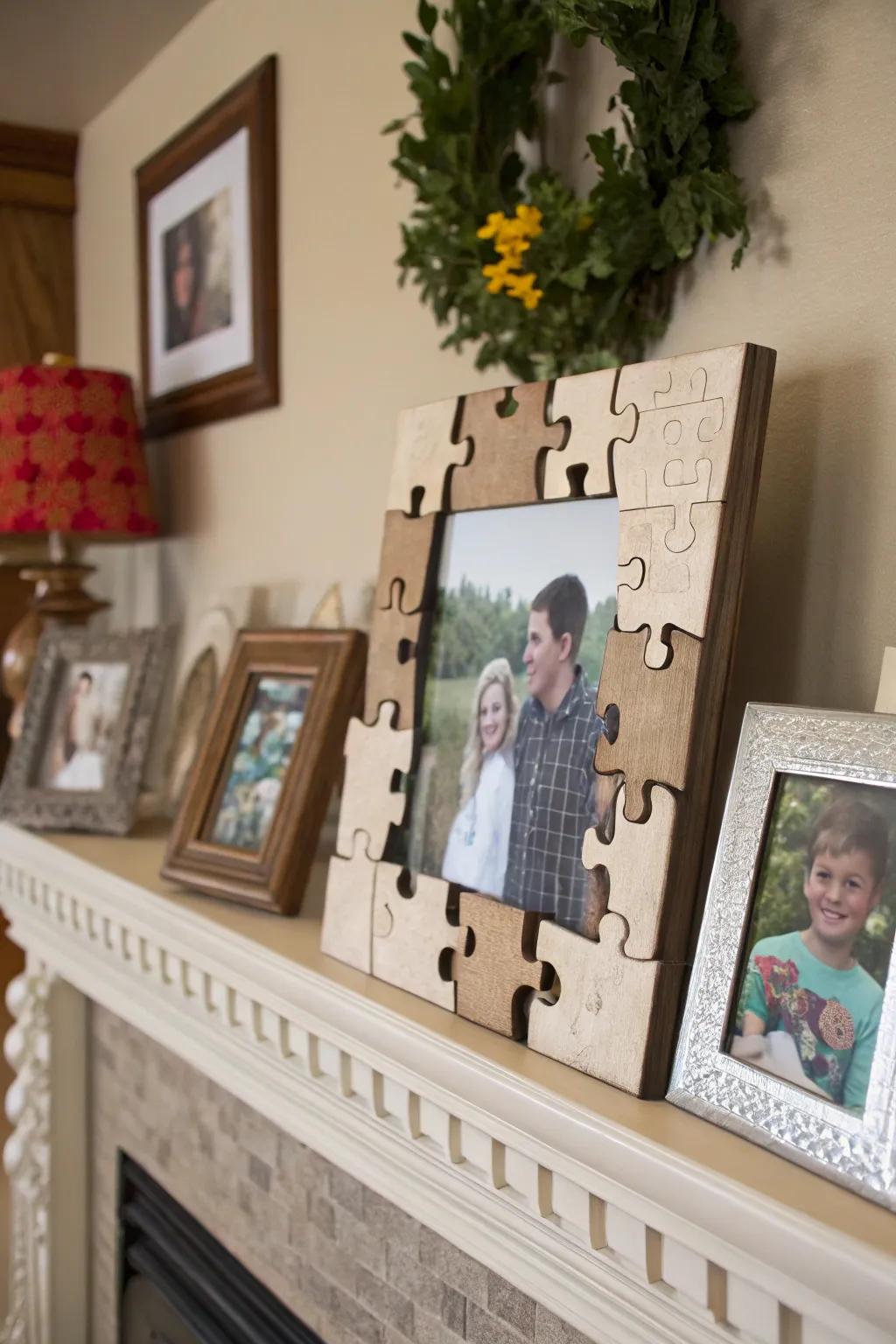 A picture frame made from puzzle pieces.