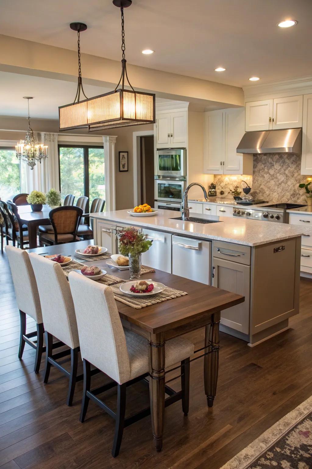An island extended into a dining table maximizes usefulness.