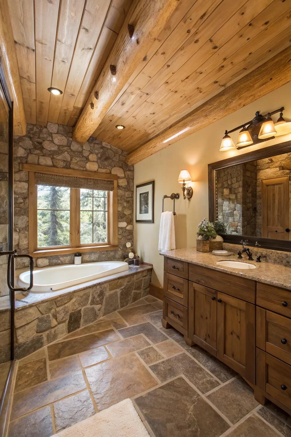 A rustic bathroom where knotty pine ceilings enhance the spa-like atmosphere.