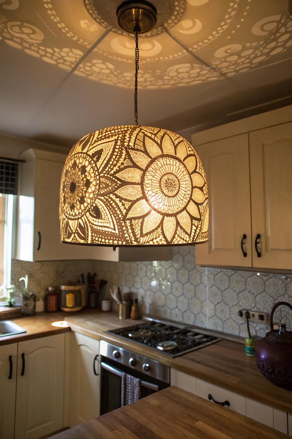 A pendant light with mandala patterns casting decorative shadows in a kitchen.