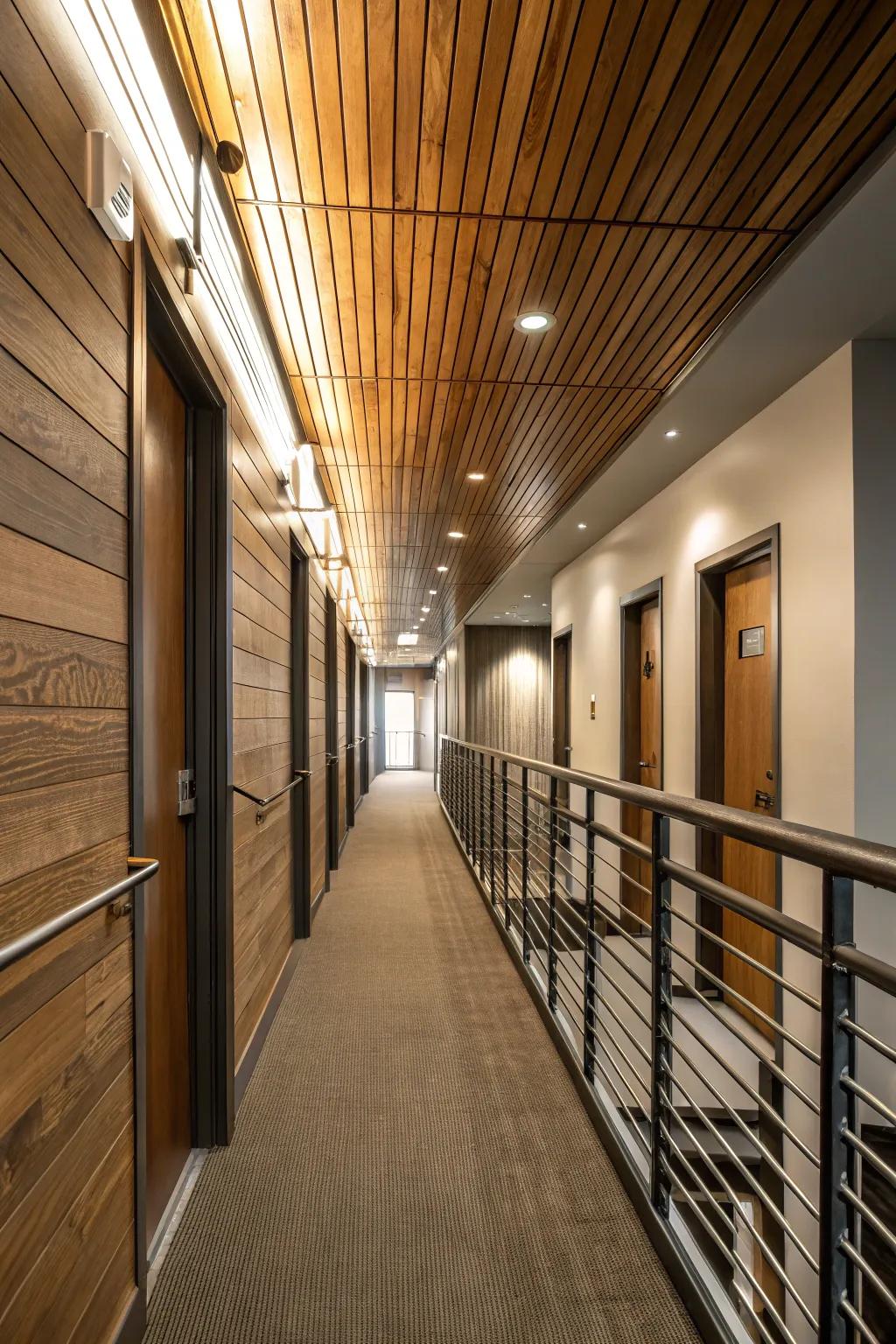 Contrasting textures add depth and intrigue to the hallway.