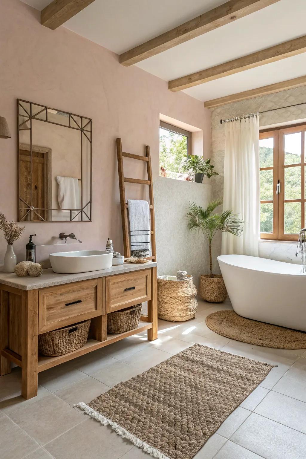 Japandi influences bring poise and calm to the subdued bathroom.