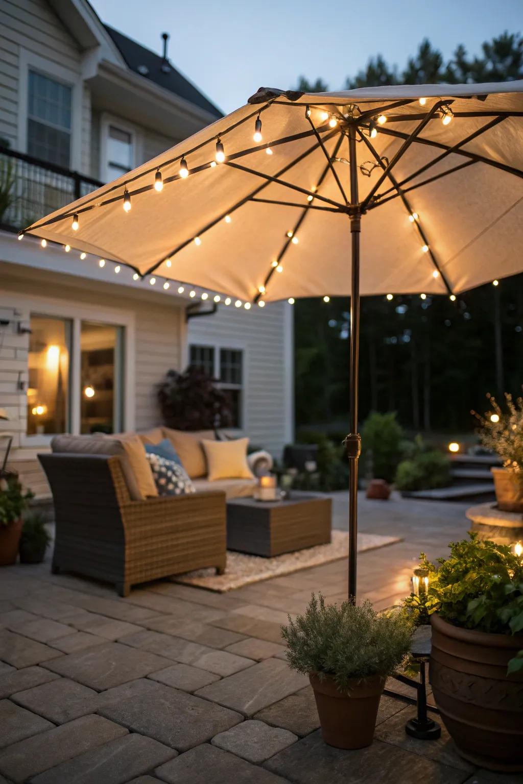 Enjoy all-day functionality with lighted patio umbrellas.