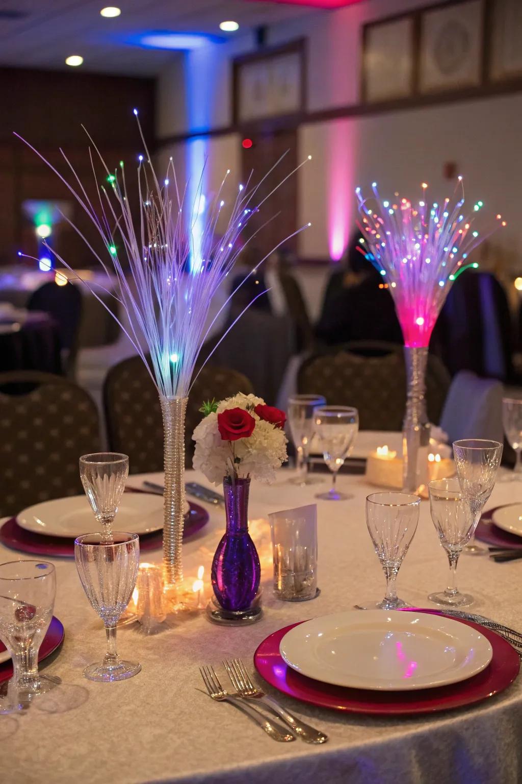 Optic fiber adornments instill a contemporary and dynamic curvature.