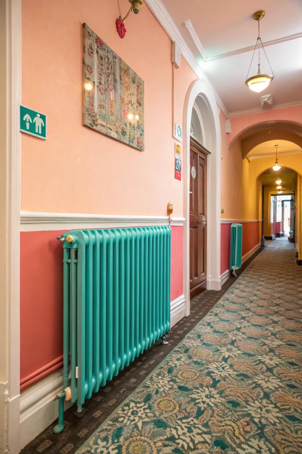 Turquoise radiators add a splash of fun.