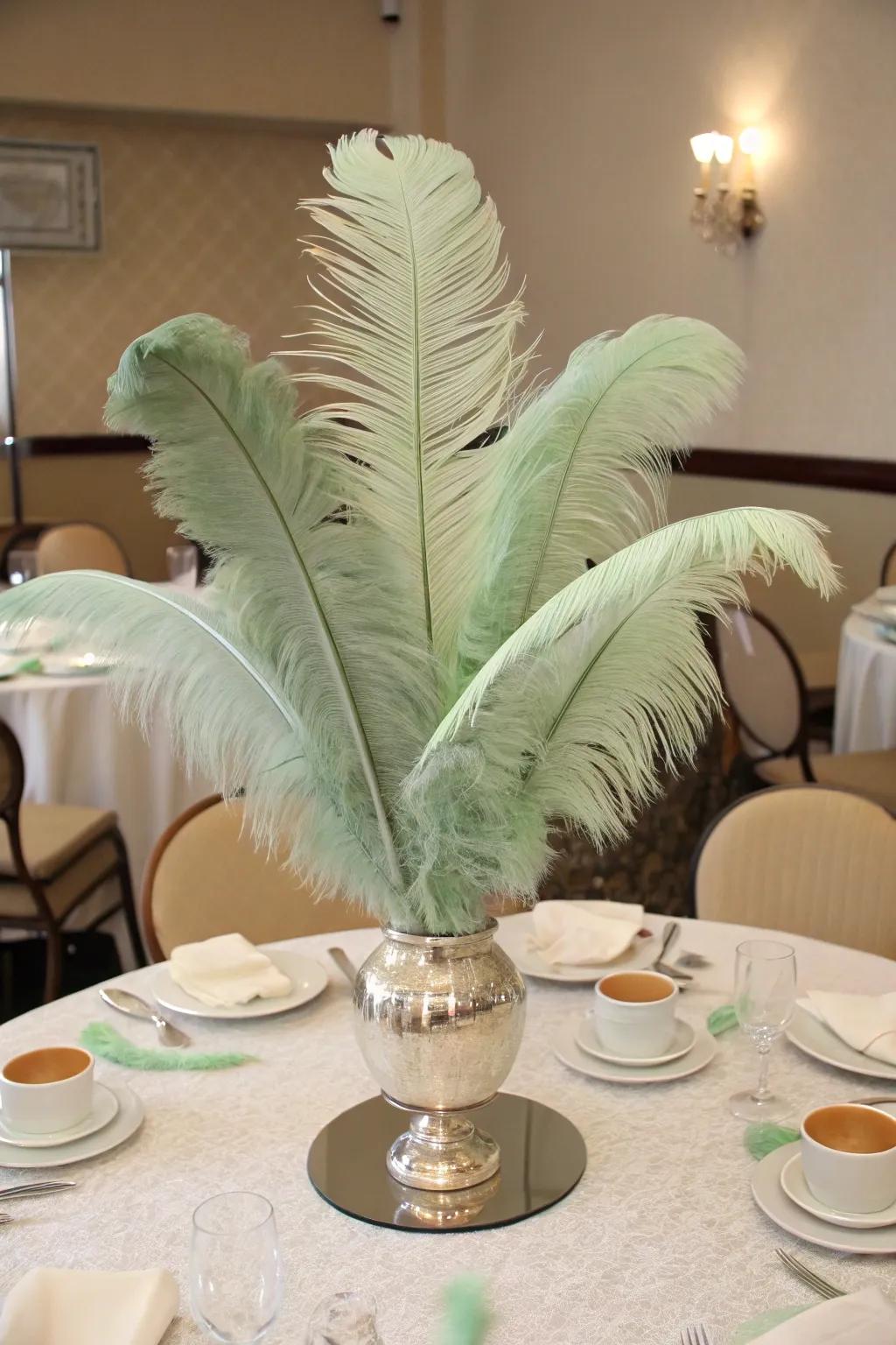 Feathers in sage green add a whimsical and intriguing touch.