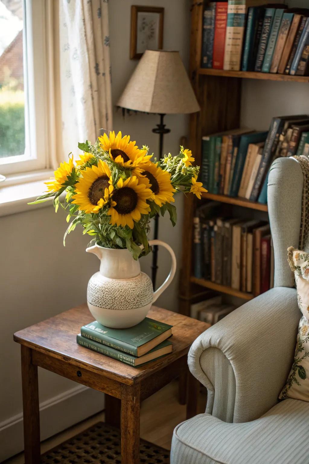 A vintage teapot brings whimsy to a sunflower arrangement.