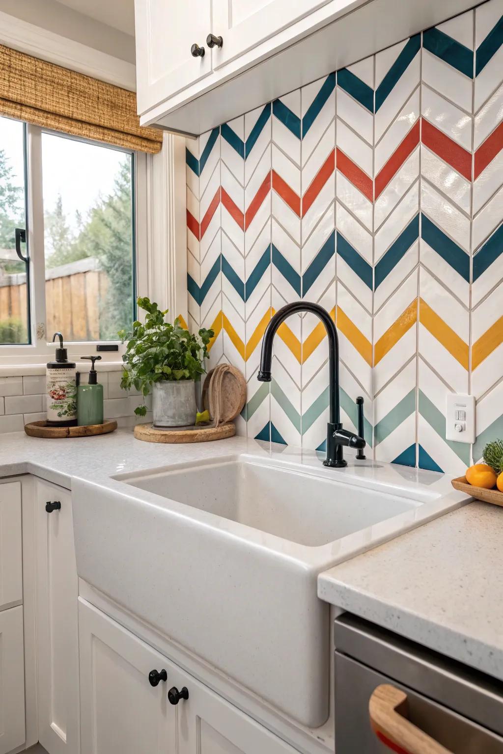 Fun chevron patterns add movement and interest to the kitchen.