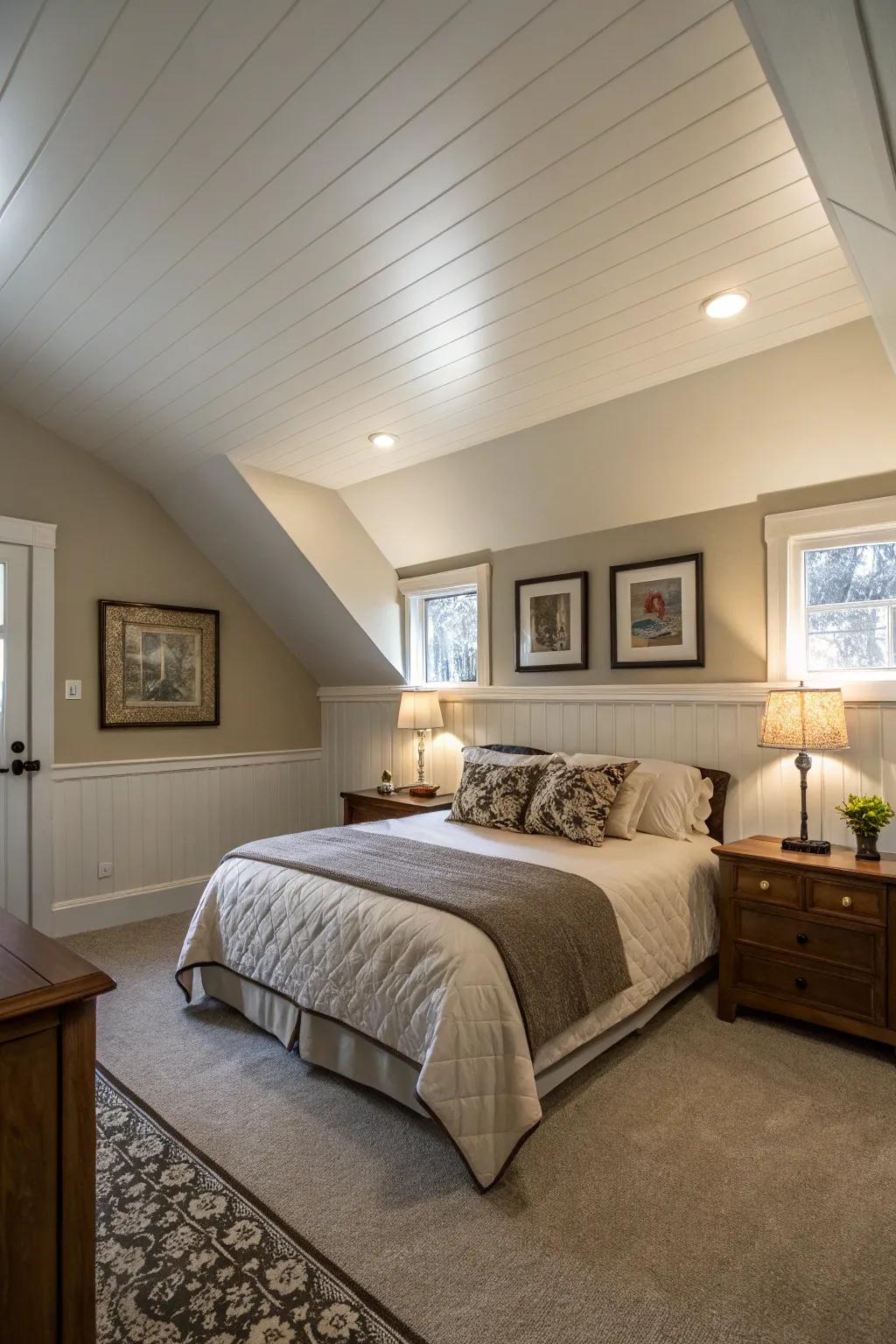 A lighter ceiling adds a sense of height in a small master bedroom.