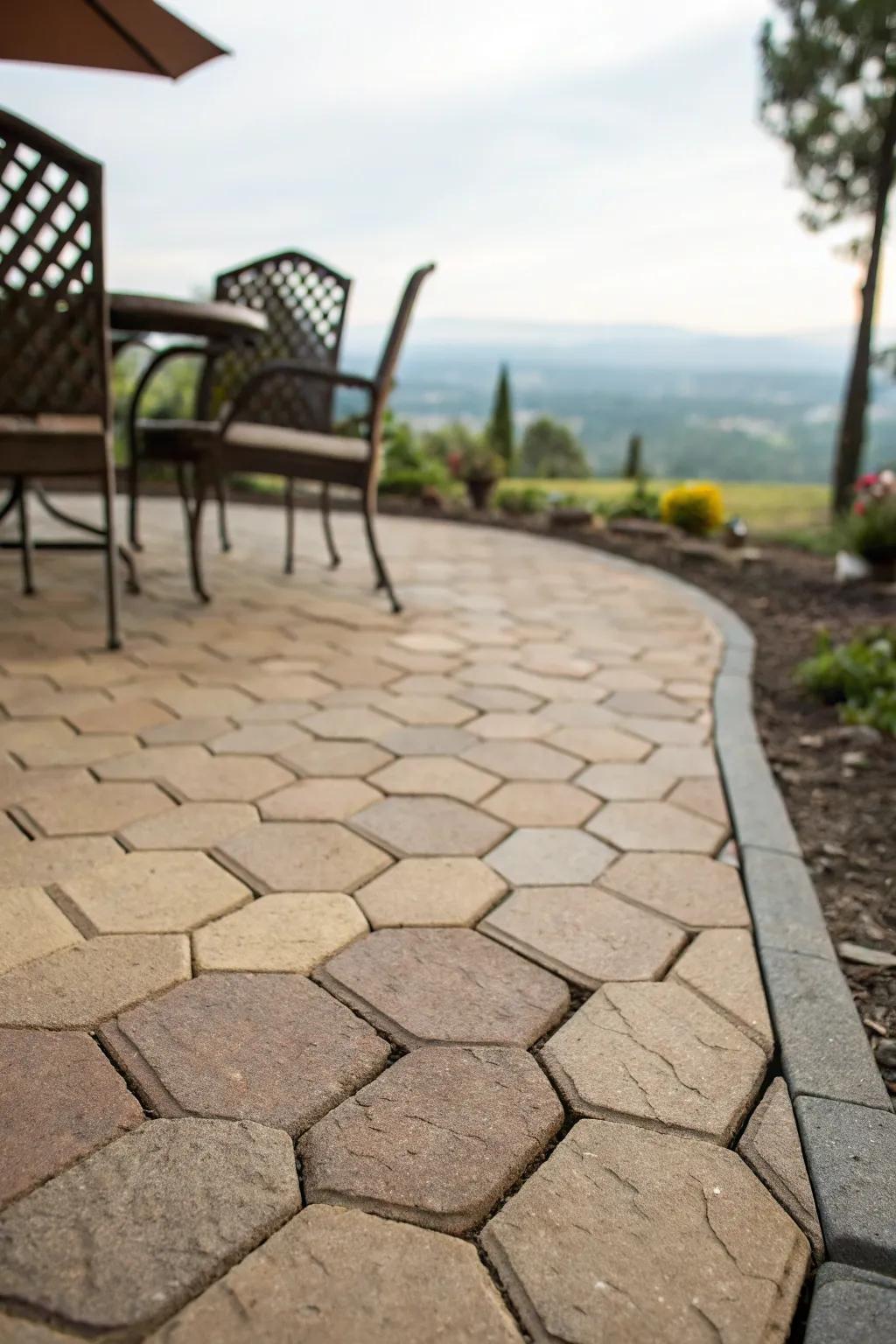 An artistic patio featuring uniquely shaped pavers.