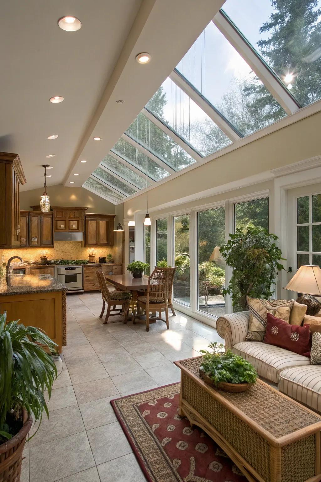 Skylights enhance the sunroom's natural light.