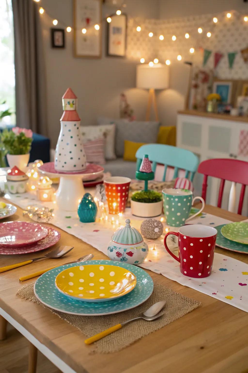 A whimsical table setting with mismatched china and quirky elements.