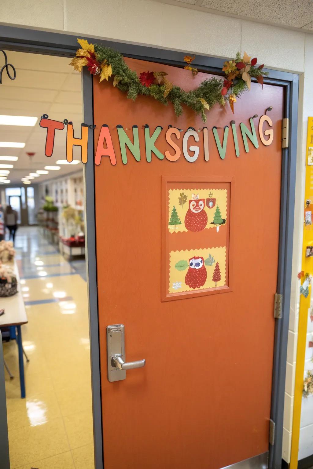 A charming Gobble Gobble Garland door display with mini turkeys.