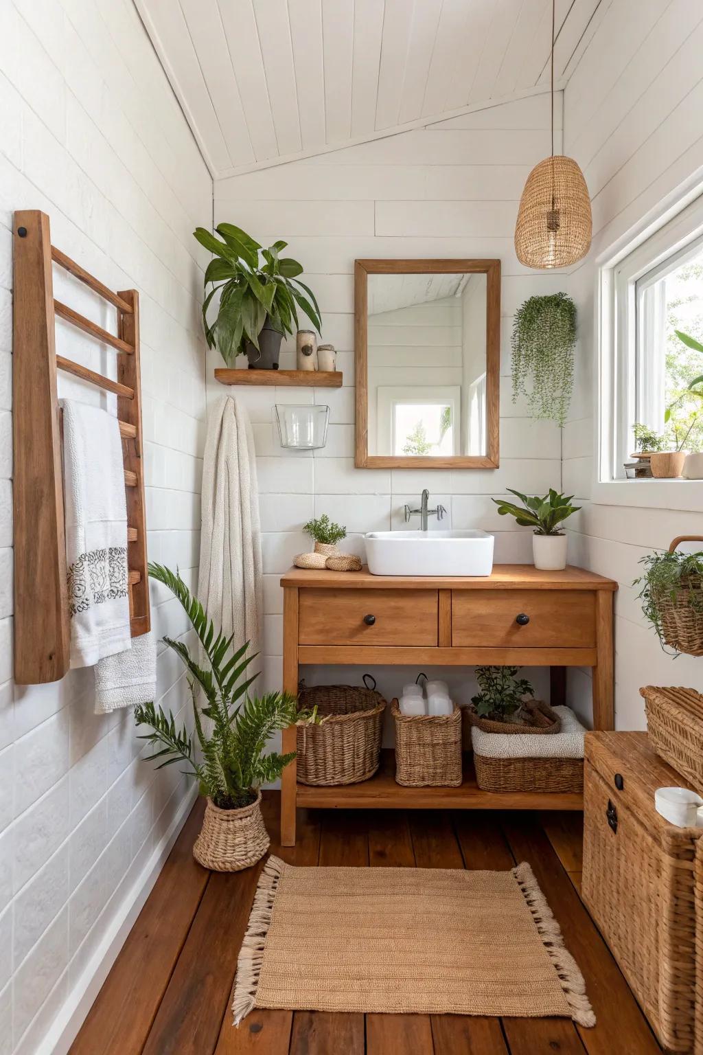 A white bathroom amplified by the warmth of wooden features and natural decor.