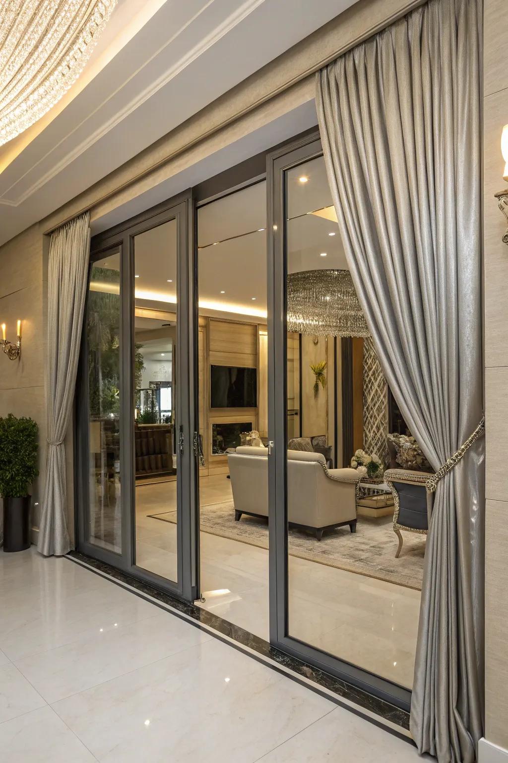 Metallic valances cast a shimmering, luxurious sheen.
