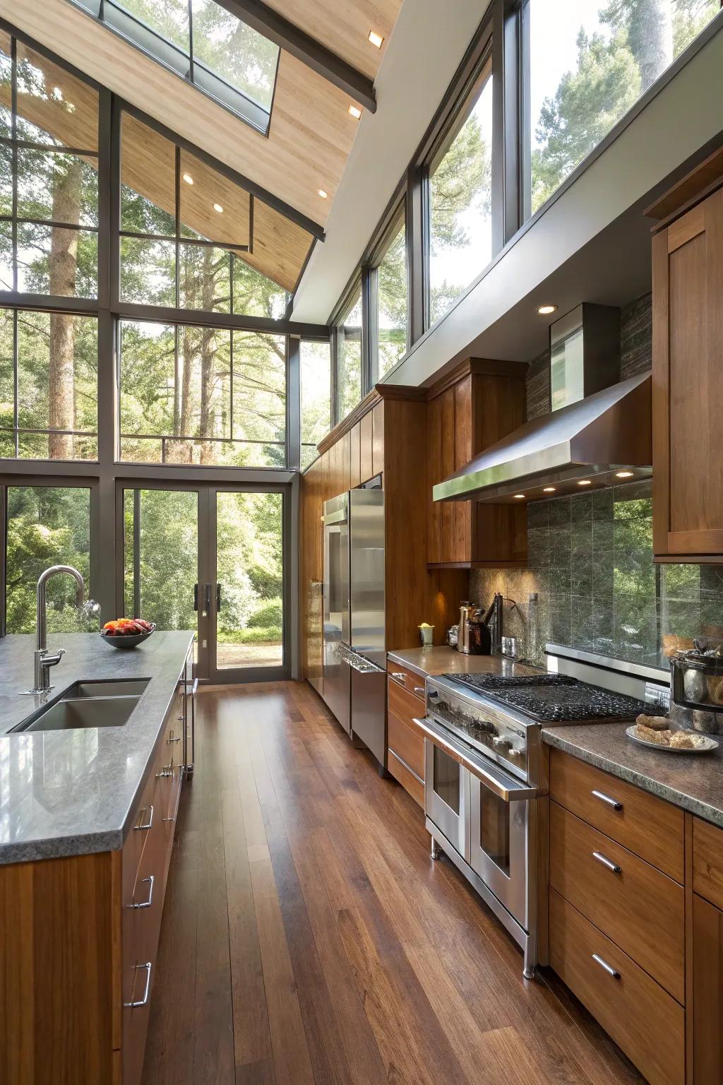 Diverse materials heightening refinement in a spacious galley kitchen.