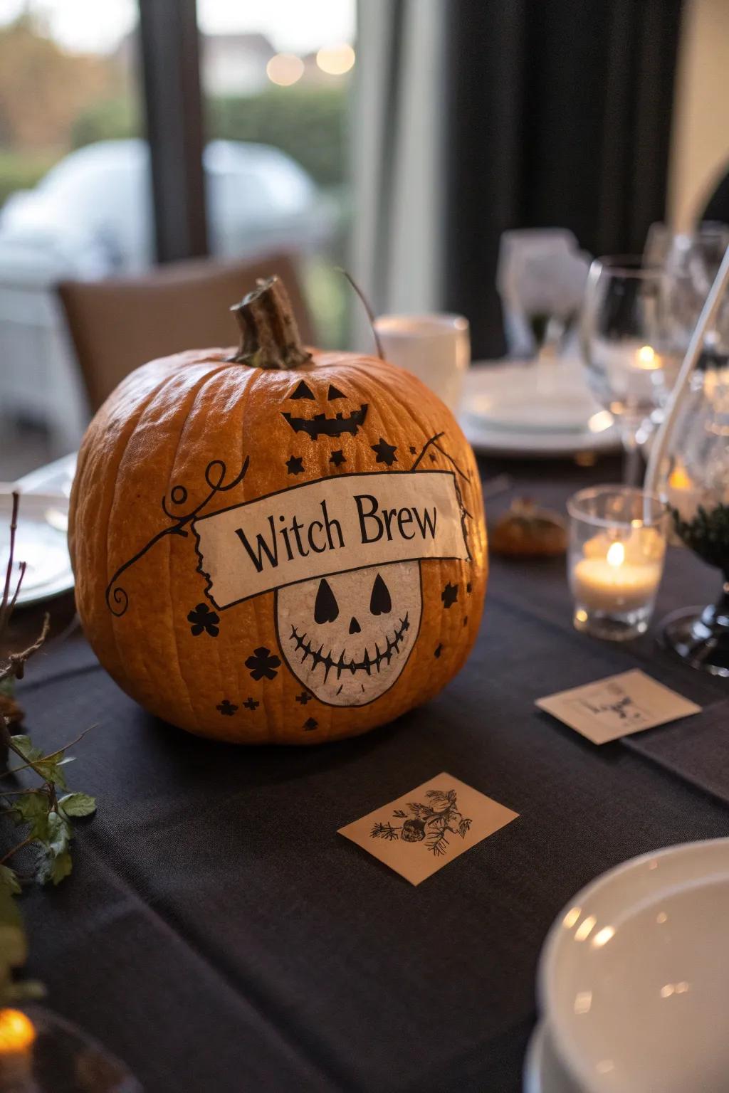 Pumpkin adorned with creative witch's brew labels.