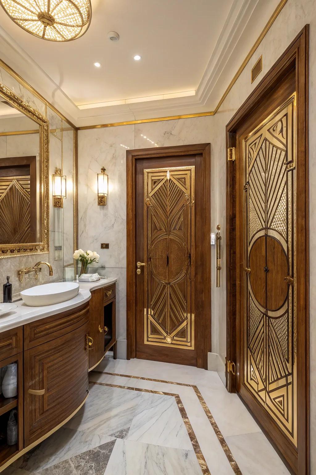 Bold patterned designs in wood bring a glamorous touch to bathroom decor.