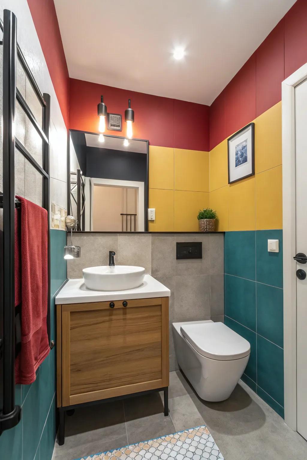 Color placement creativity adding visual interest and defining areas in the bathroom.