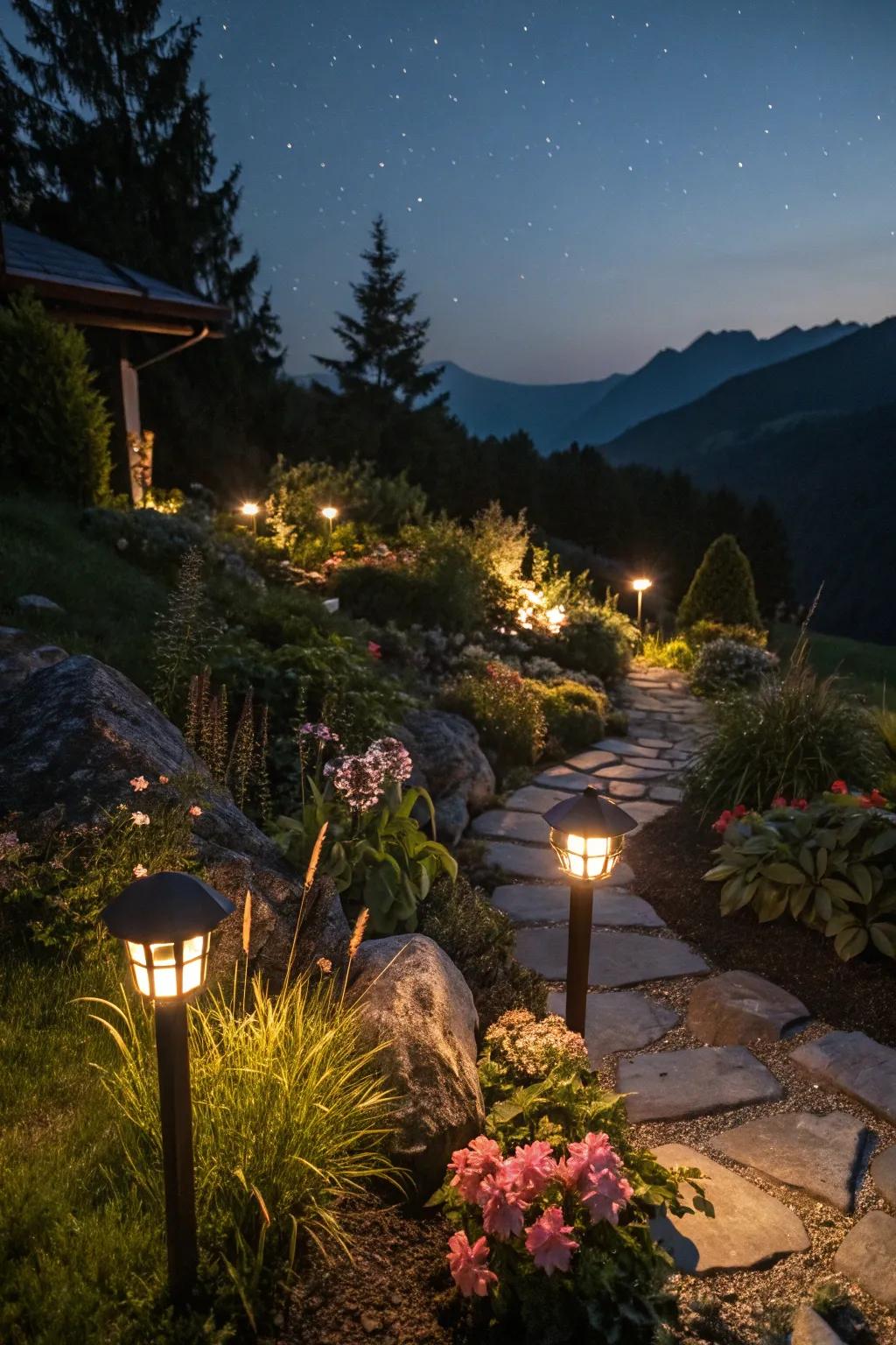 Enchanting alpine garden aglow with soft lighting.