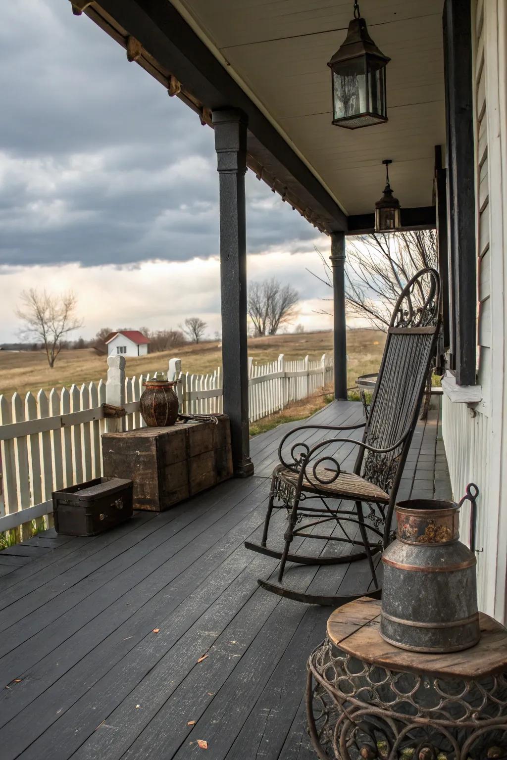 An antique metal chair adding character to a black porch.