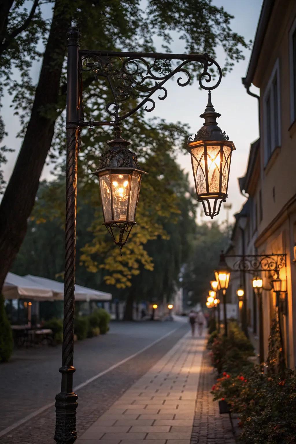 Vintage lanterns add timeless charm to a festive lamp post.