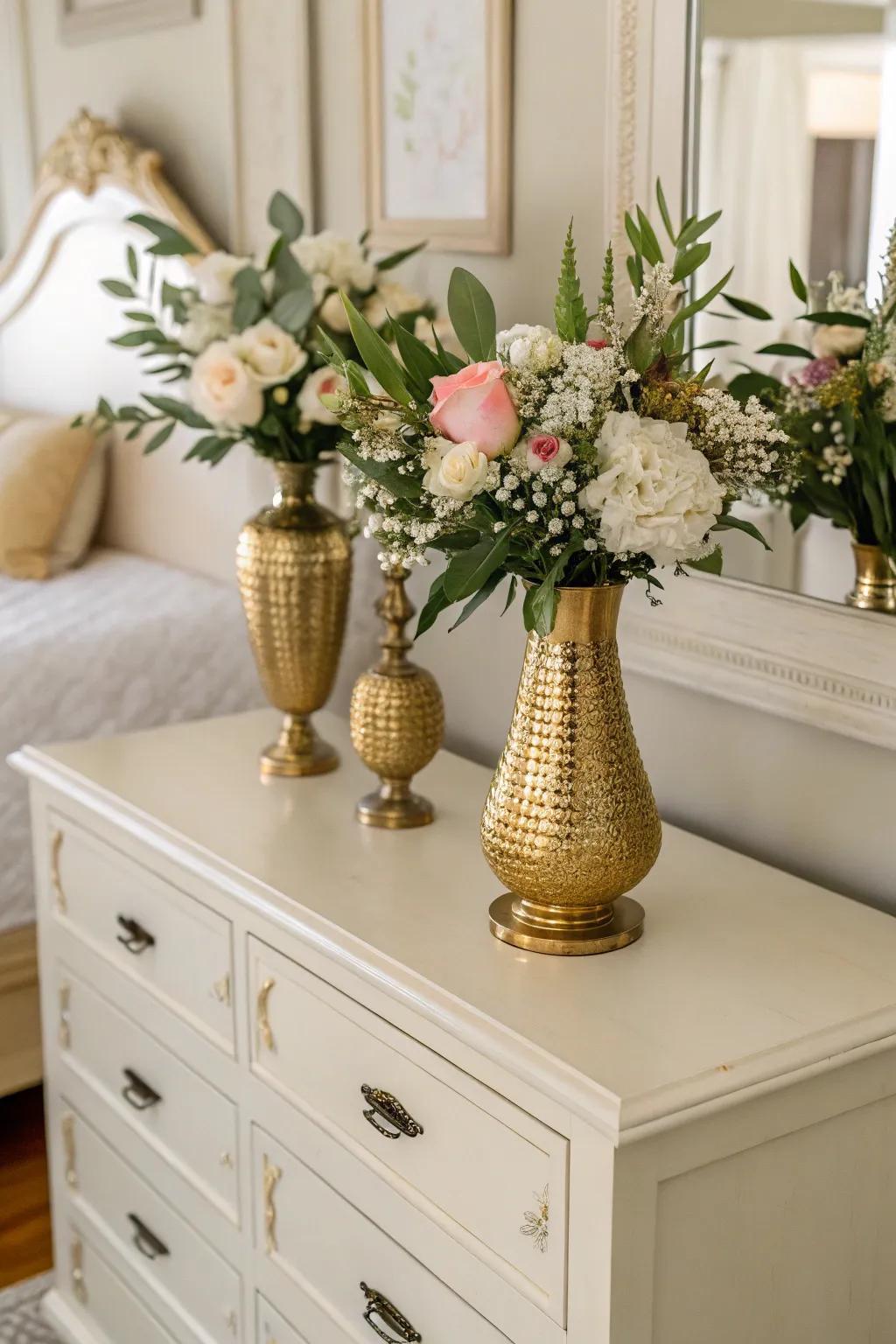 Gold vases with flowers add nature and elegance to the bedroom.