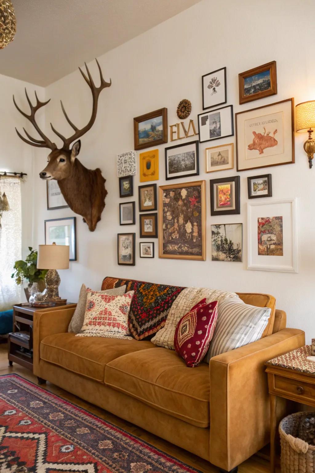 An eclectic gallery wall featuring deer antlers adds charm to a bohemian living room.