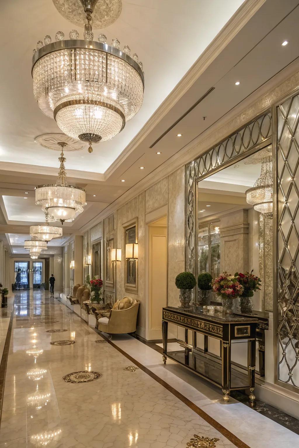 Reflective accents add a touch of luxury to this bright foyer.