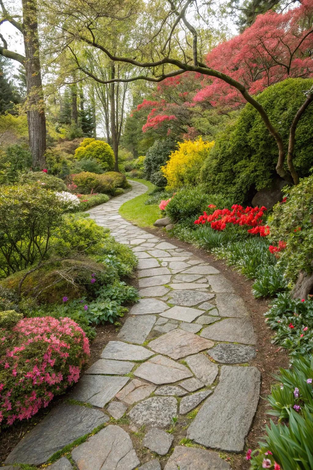 A flagstone path celebrating the beauty of seasonal changes.