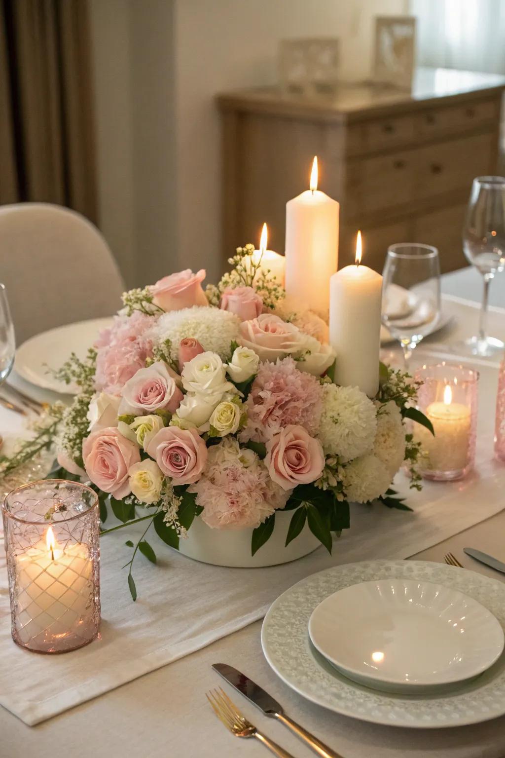 A romantic candlelit floral arrangement.