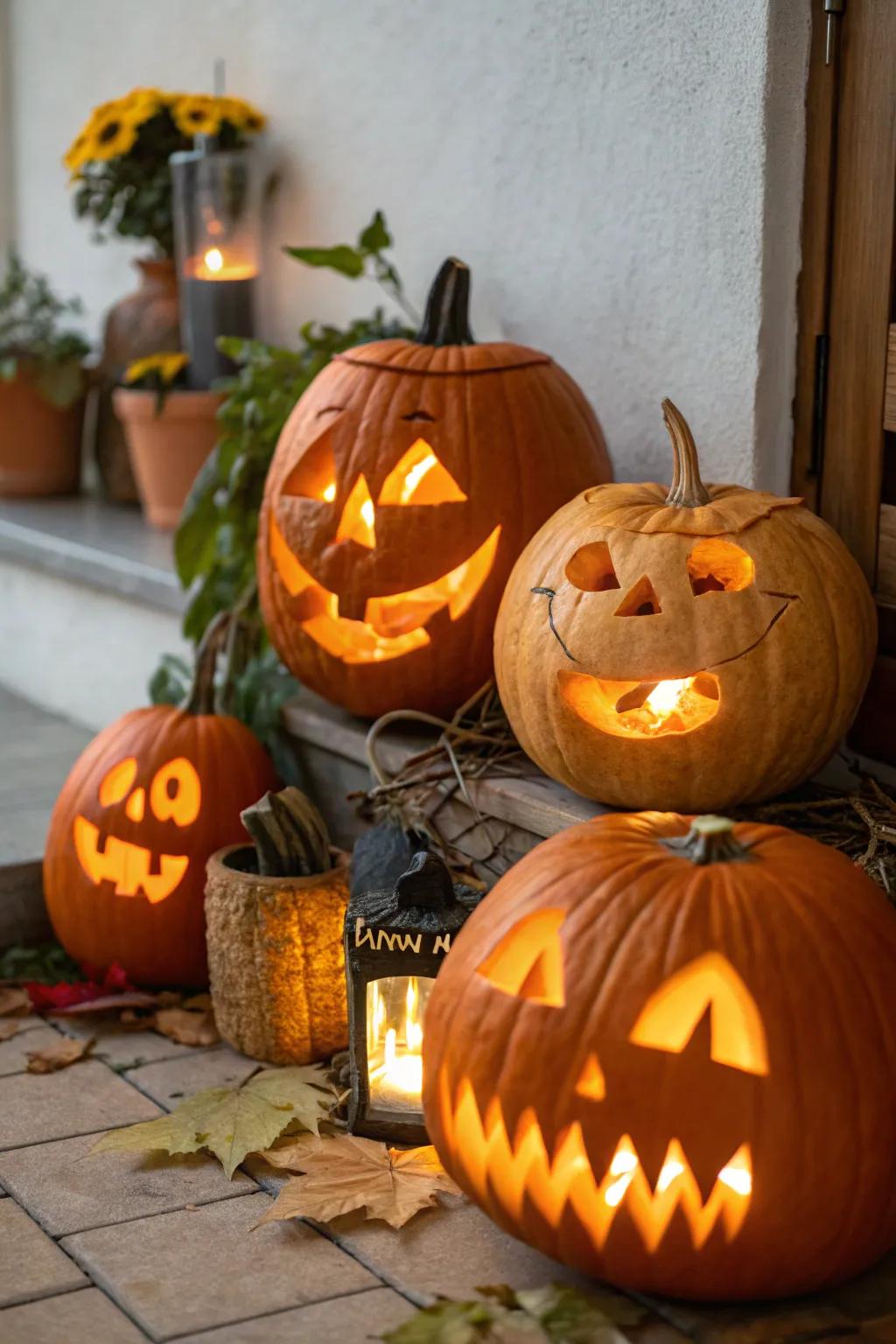 A collection of festive face pumpkins, bursting with personality and charm.