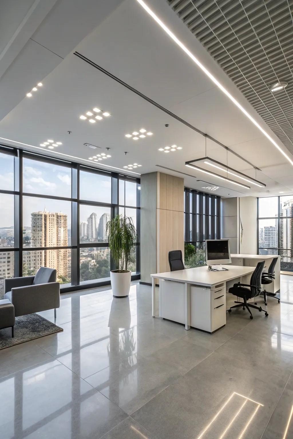 Stylish office with professional LED high bay lighting