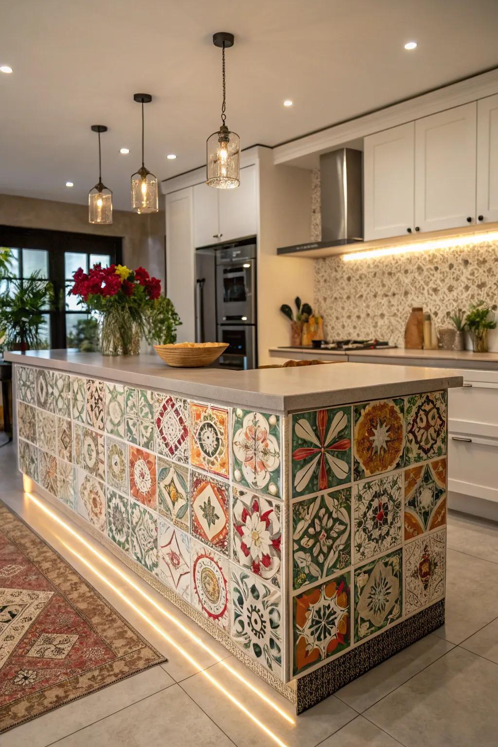Patterned surfaces on the island introduce depth and character.