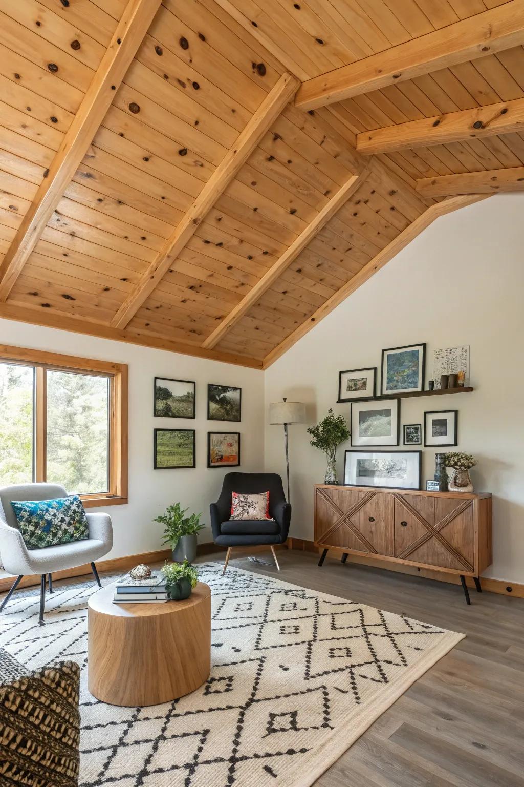 A creative room where a diagonal knotty pine ceiling adds sophistication.