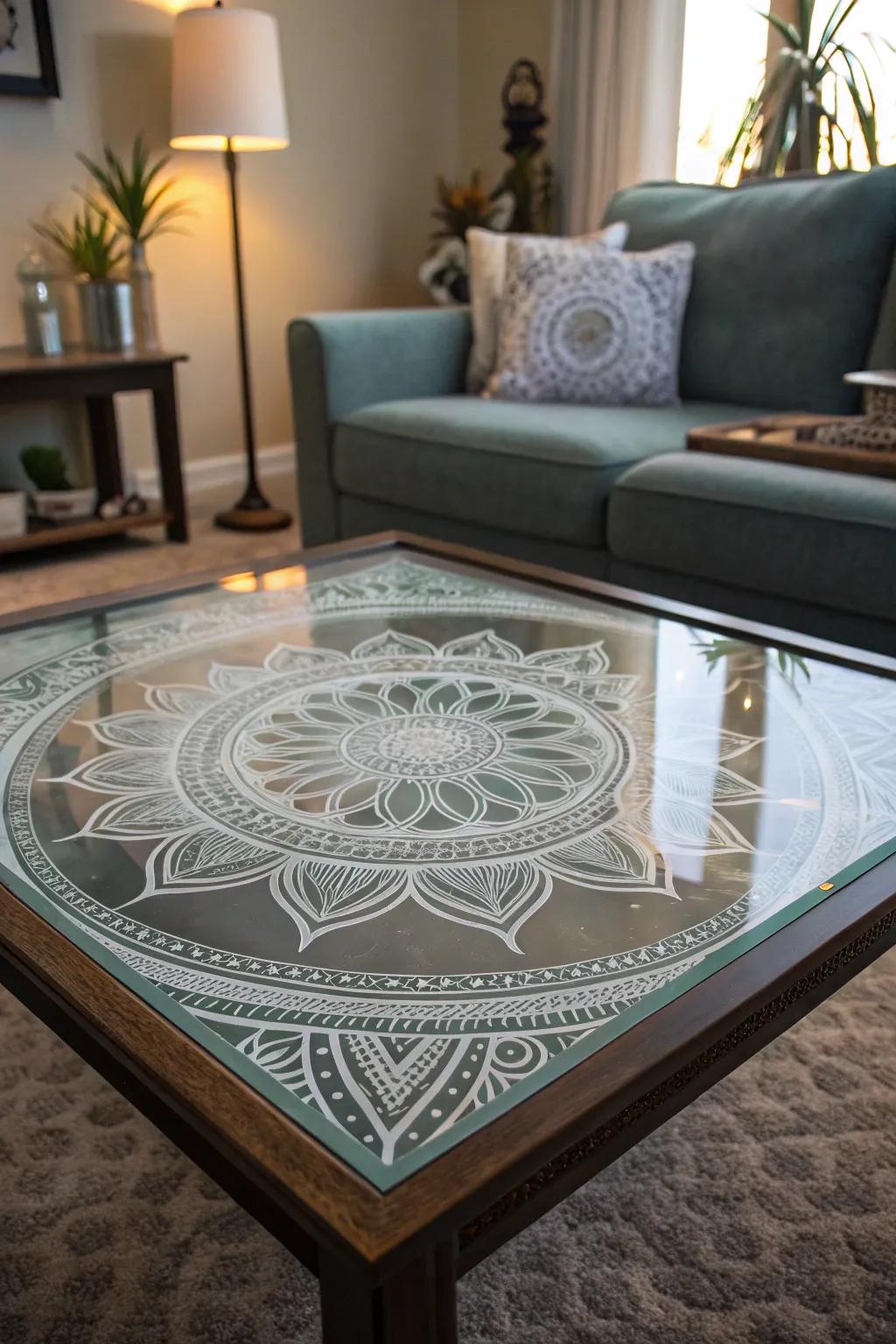 Etched mandala designs on a glass coffee table adding sophistication.