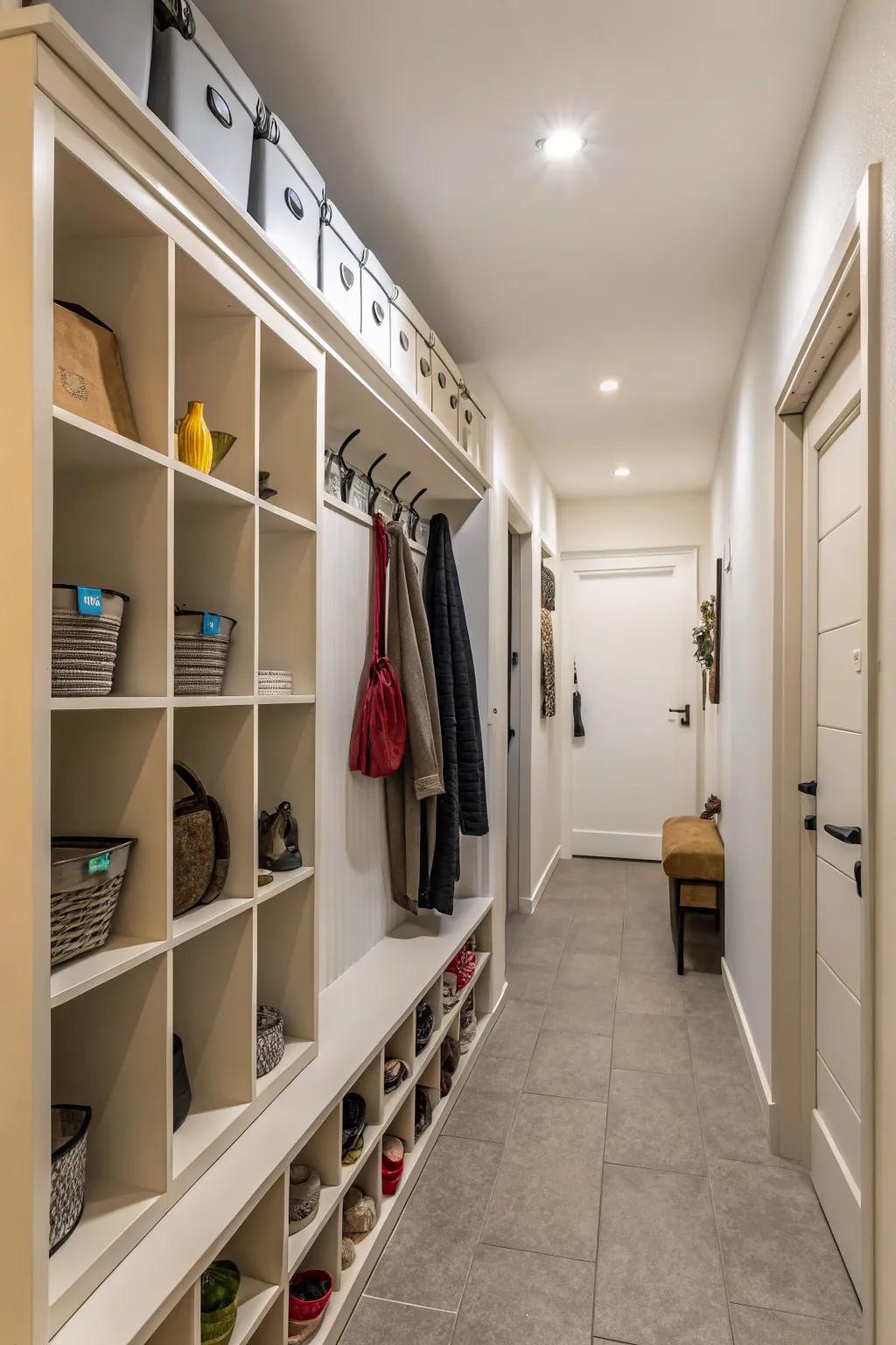 Vertical storage solutions maximize space and functionality in the hallway.