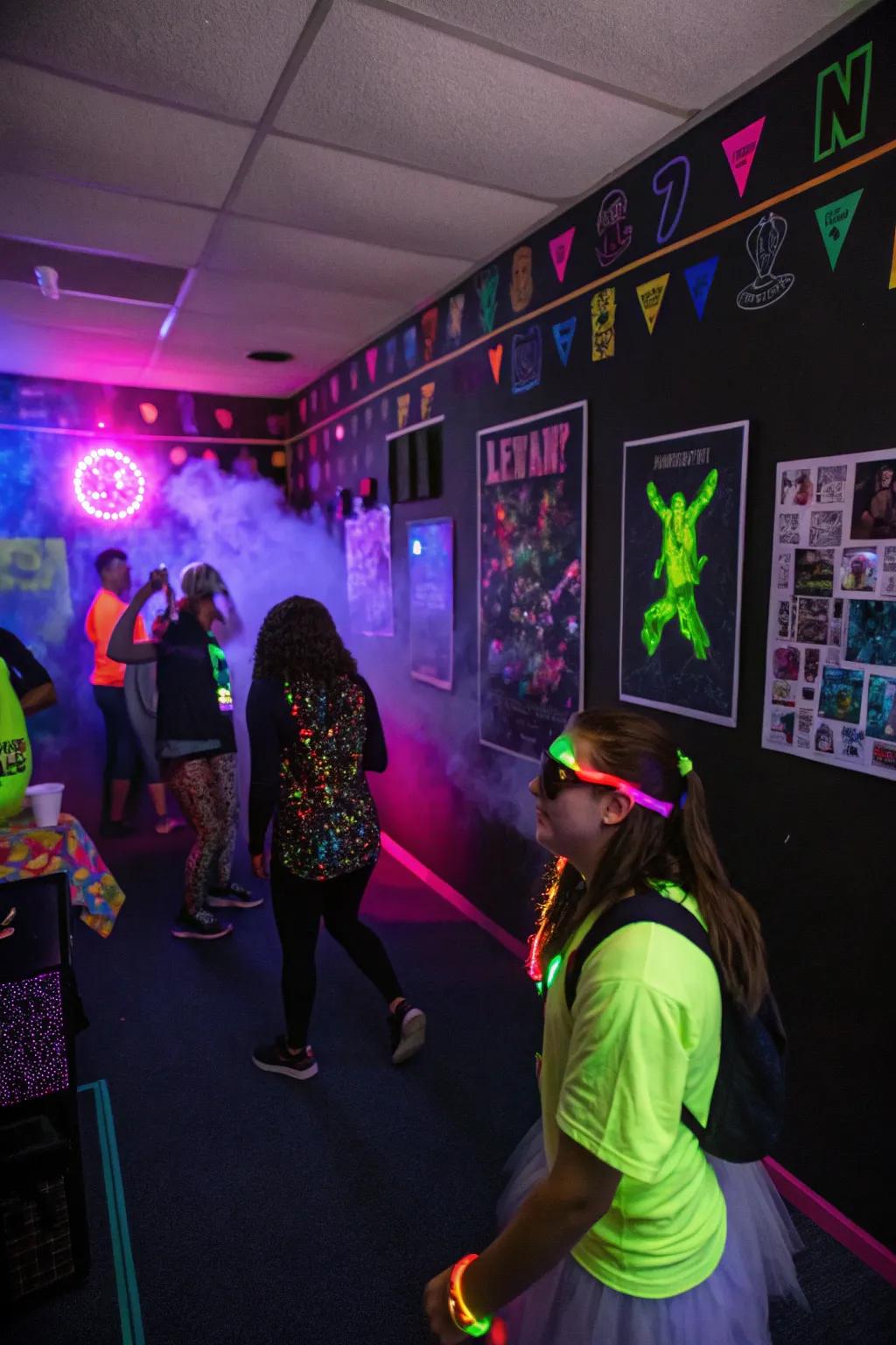 Glow-in-the-dark decor creates a lively and unique party atmosphere.